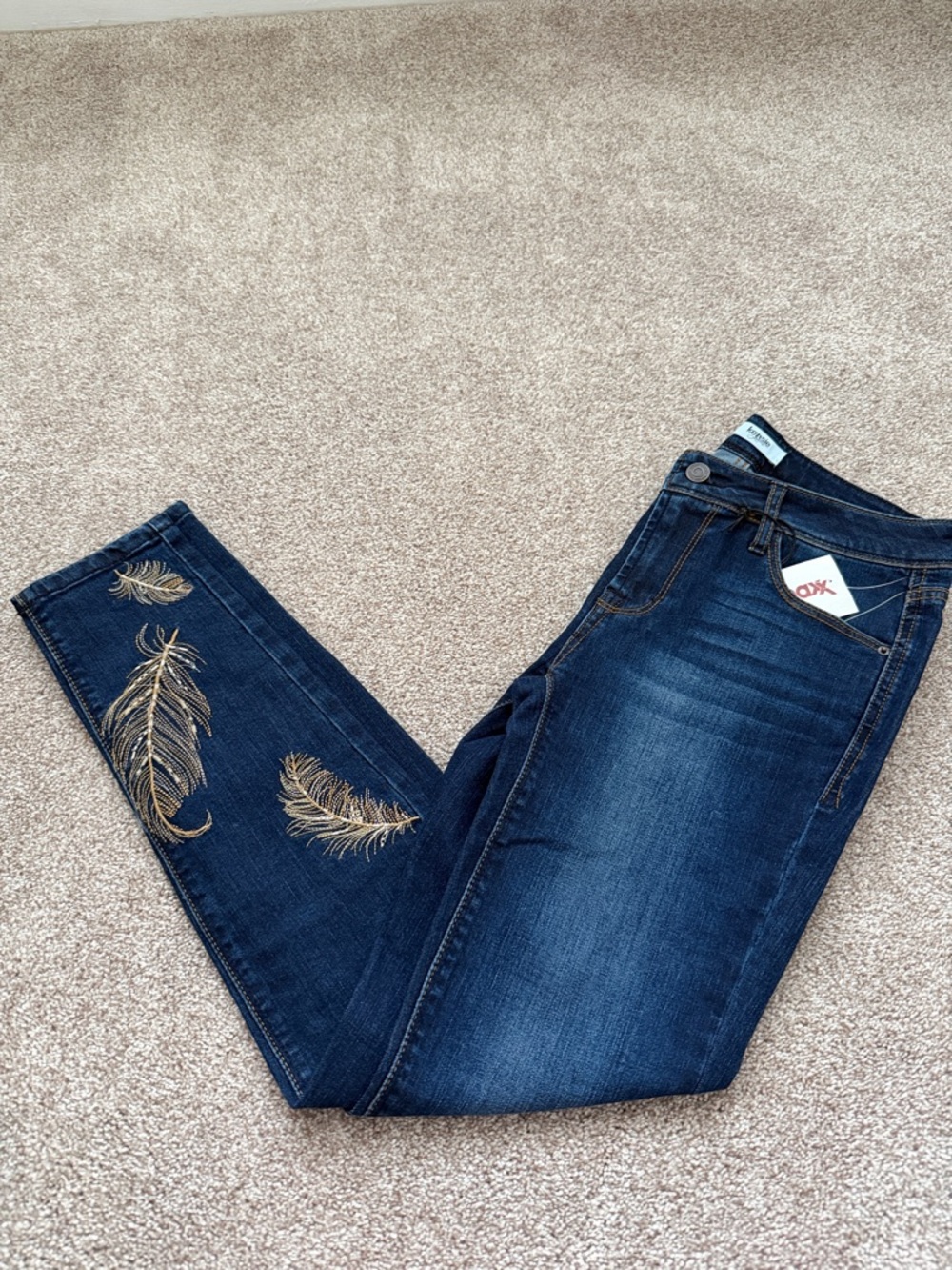 Kensie Dark Blue Skinny Jeans with Gold Feather Embroidery- Midrise Waist 2/26